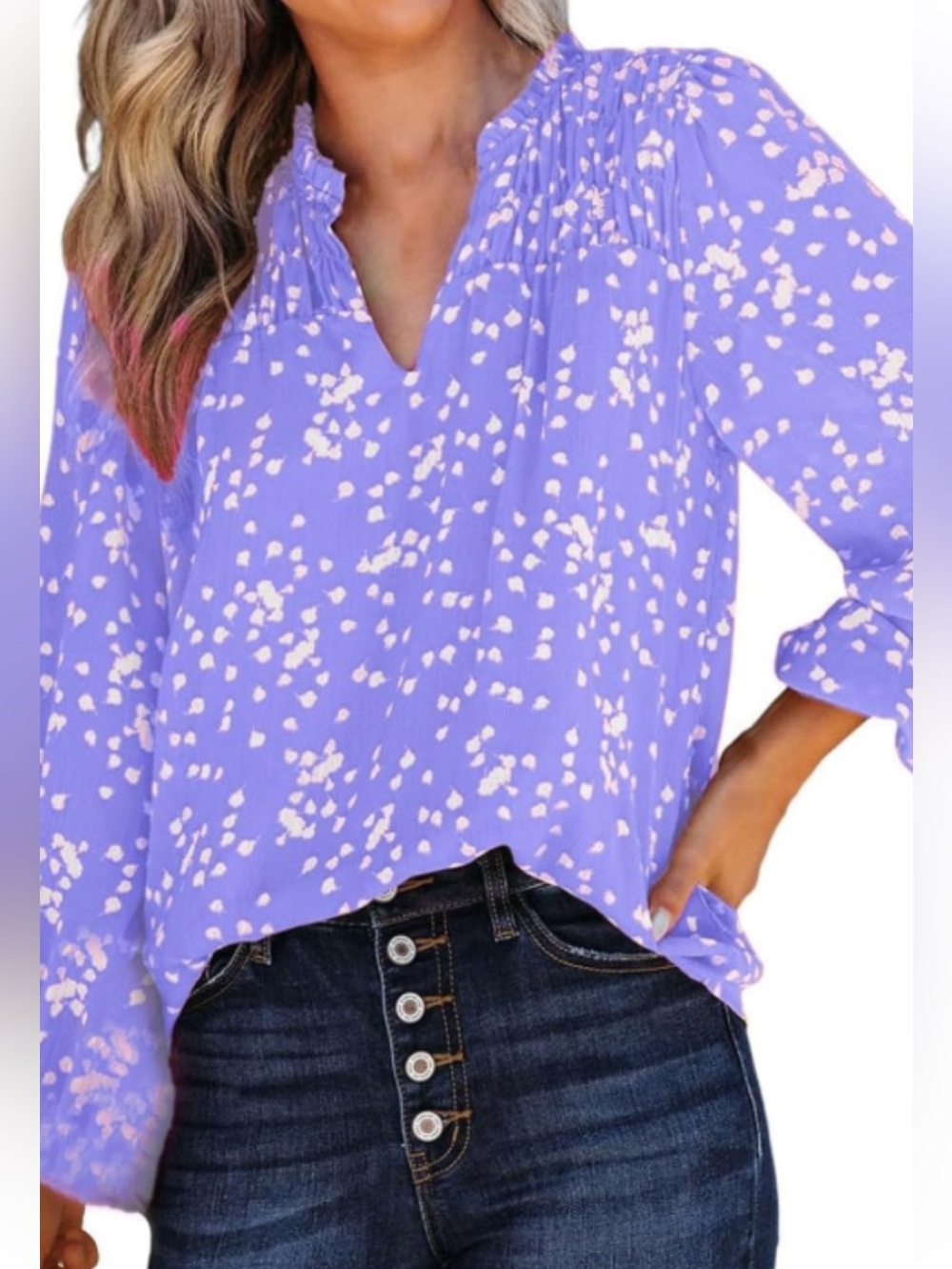 Printed Lavender Peasant Blouse with Smocked Yoke - Unbranded